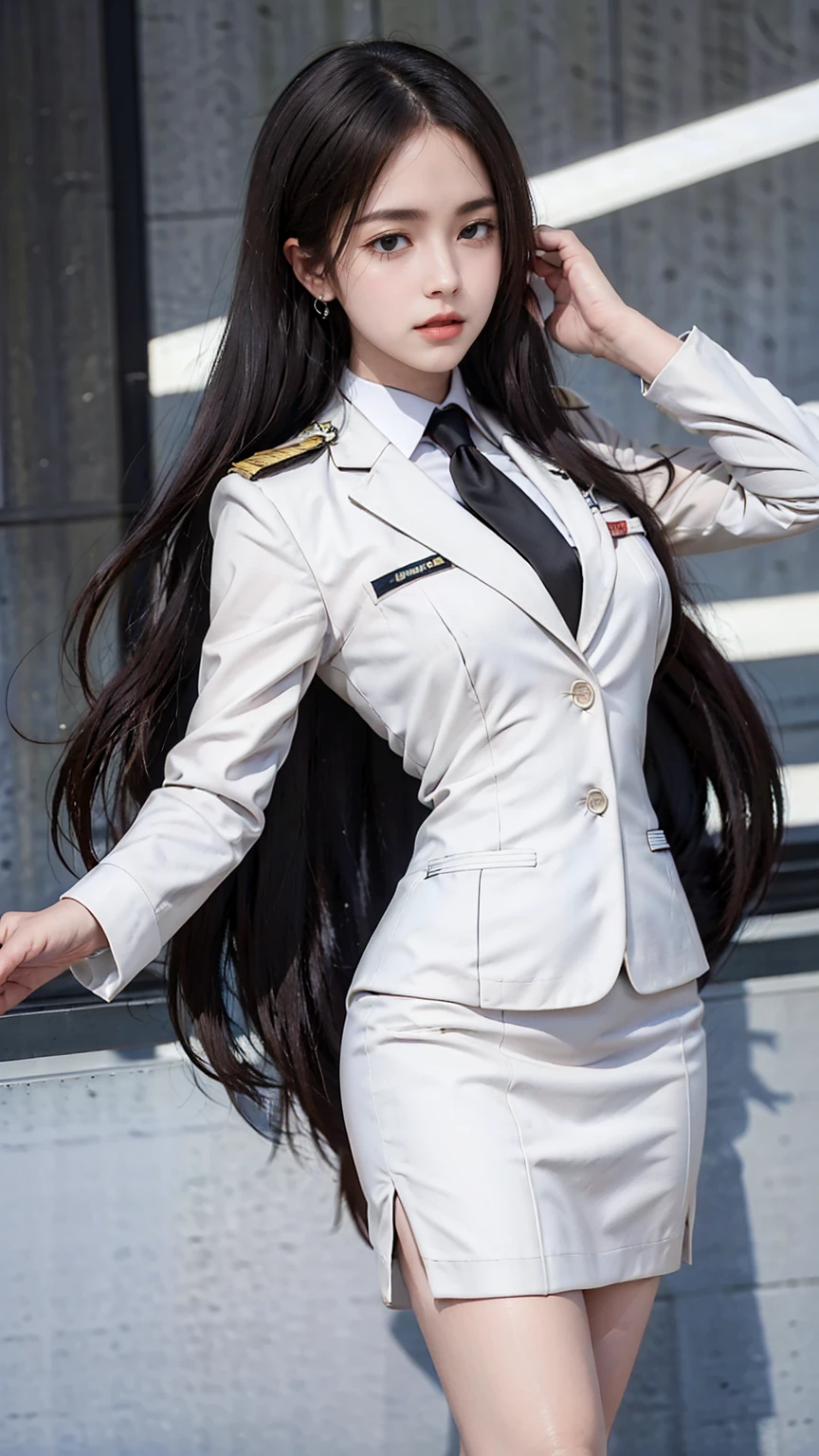 a portrait photo, beautiful face, All white outfit, military uniform, military rank insignia, business woman, beautiful woman, Wear a suit and tie, short skirt suit, business suitwhite, กระโปรงดินสอสั้นwhite, business suitรัดรูป, All white outfit, Emphasize the curves of the body, (Beautiful girl with two meter long hair, my hair is very long., extra long hair, black hair), business suit, (Italian style suit, two button suit), (Italian suit, white สูท, Set of two buttons), (wearing a women&#39;s suit, Business Women Suit, white), (สูทผู้หญิงwhite), (เสื้อเชิ้ตwhite), necktie, (necktieสั้นสีดำ, necktieสีดำ, necktieผอม, ถักnecktie), (military rank insignia), (Short pencil skirtwhite), (Dynamic posts), full body, (A gigantic rift), (big breasts, thin body, small waist, hips raised, small thighs, Long legs), high-heelsสีดำ, (Short pencil skirt, white), Wearing a suit for a business woman, (Wearing a white businesสูท, business suitหญิงwhite), (tight, military regalia, เสื้อwhite, กระโปรงwhite), Long legs, (black shoes), (Form fitting suit, เสื้อสูทwhiteทรงธรรมดารัดรูป), (black shoes, high-heels), (stand, walk, elegant gesture, Dynamic posts), short dress, earring, Slick legs, black shoes, Modeling,