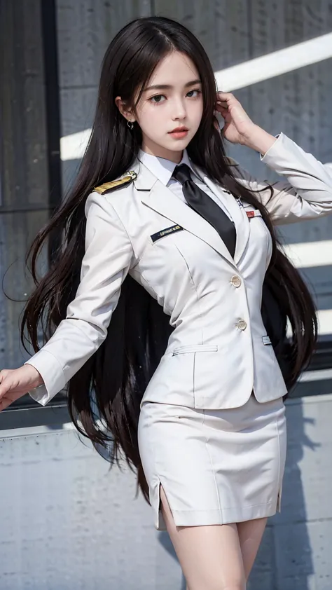 a portrait photo, beautiful face, All white outfit, military uniform, military rank insignia, business woman, beautiful woman, W...