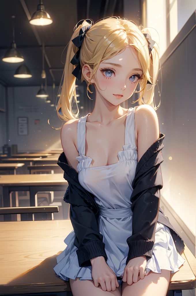 Browsing Caution:1.4, 8k, expensiveest quality, masterpiece, Vibrant, Real person, Unity 8k による壁紙, School classroom、Sit at a desk、Sit with your legs apart、(1 girl) , Beautiful Eyes, (Delicate face) , Perfect detail, (Best lighting) , (超Complexdetailed),、(Shooting from below:1.5)、Peeking out from under the skirt、Cowboy Shot、{Low Angle:1.4}、Showing panties、Laughter、Smiling girl、expensive , {Navy Blue Blazer:1.2}、{White shirt}、{Yellow ribbon}、{Grey pleated skirt}、((Small breasts:1.2))、Wearing a proper uniform、(1 girl),(Beautiful Eyes、detailedに描かれた、Look at the detailasterpieceサイドライト、masterpiece、expensiveest quality、detailed、High resolution illustrations),Delicate makeup, (close:1.2)、throw、Soft focus ground bokeh、Turn to me and smile,black eye,Half-up hairstyle with short bangs((blonde)))、Curly Hair,short hair, ((Low twin towel:1.3), (Short pigtails:1.3), 非常にdetailedな, Complex, Tabletop, Small Ass、thin