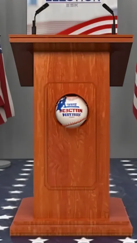 a man standing at a podium with a baseball on it, 🔥 😎 🕹️ 👀, profile pic, on a pedestal, reclections, presidental elections candidates, realistic 3d model, meme template, pedestal, profile picture, ultra realistic picture, mid-shot, mid - shot, by Ben Zoeller, on a marble pedestal