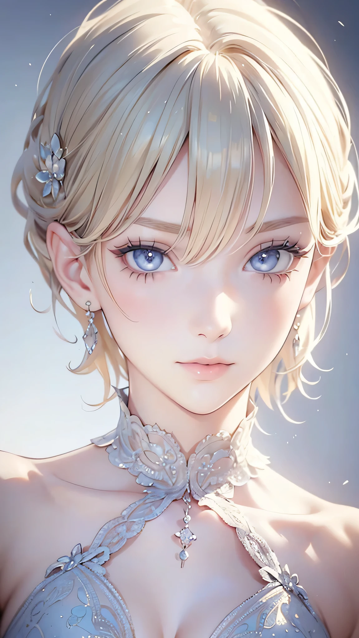 (masterpiece: 1.2, Highest quality),  (Realistic, Intricate details, Depth of subject), Highest quality, masterpiece, Very detailed,  1 girl, Mature Woman, Blonde Short Hair, (Very delicate and beautiful face), (Beautiful eyes in every detail), blue eyes, King&#39;s Clothes,  Slim figure, A crown made of precious gold,