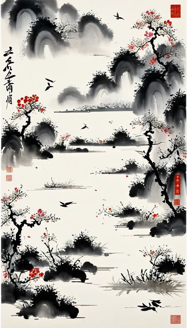 (pintura de tinta abstracta:1.5)，Autor:Wu Guanzhong,Autor:Wu Guanzhong，El estilo artístico de Wu Guanzhong，Una fusión de la pintura china con la estética modernista，Líneas y formas simples pero poderosas Inicialist，