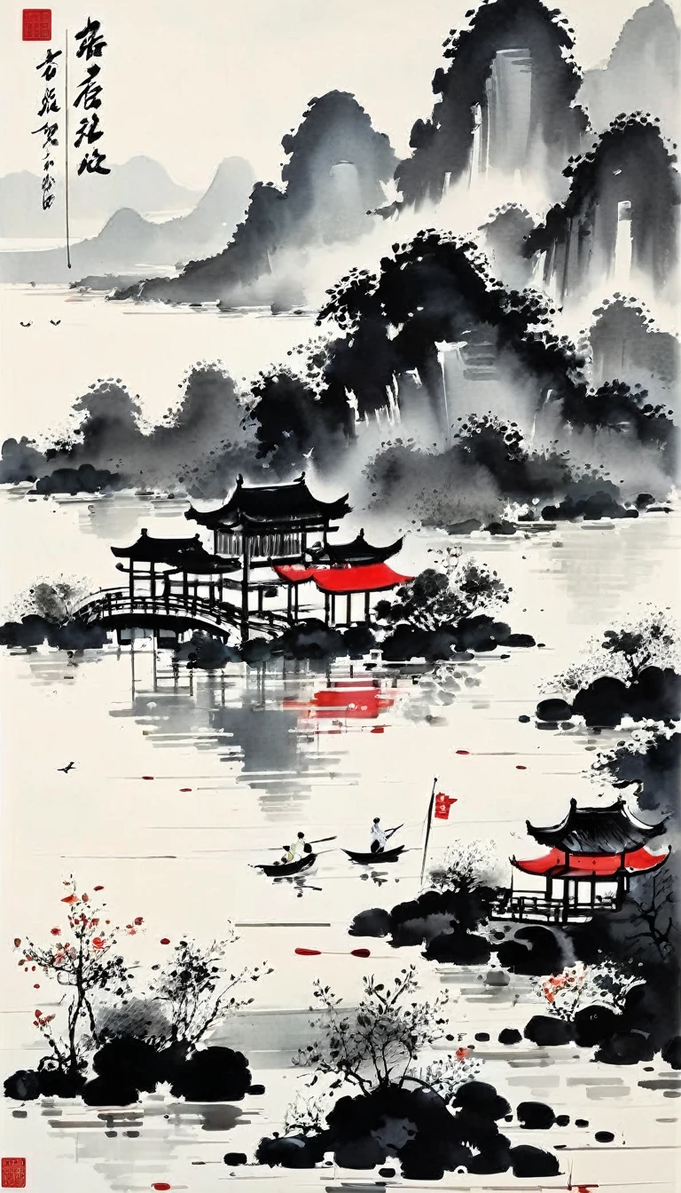 (peinture abstraite à l&#39;encre:1.5)，auteur:Wu Guanzhong,auteur:Wu Guanzhong，Le style artistique de Wu Guanzhong，Une fusion de peinture à l&#39;encre de Chine et d&#39;esthétique moderniste，Lignes et formes simples mais puissantes Initialist，