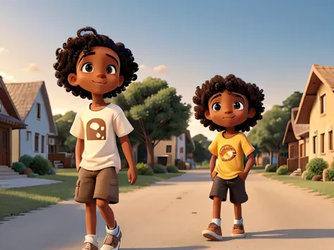 Make a picture of a 10 year old black boy, with very short and curly hair, with brown and sparkling eyes. He wears a t-shirt and shorts. He is walking alone through a village, with white, aged houses made of masonry. In the background a yellowish sunset. The scene should be minimalist in beige tones, emphasizing a lower middle class environment..