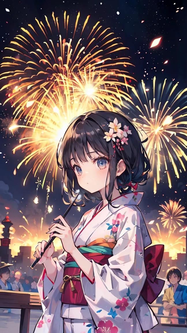 ((masterpiece)), ((best quality)), perfect detailed eyes, perfect detailed face, ultra-detailed nose, Summer festival, yukata, traditional Japanese clothing, fireworks bursting into the night sky, fireworks, black hair, blunt bangs, cowboy shot