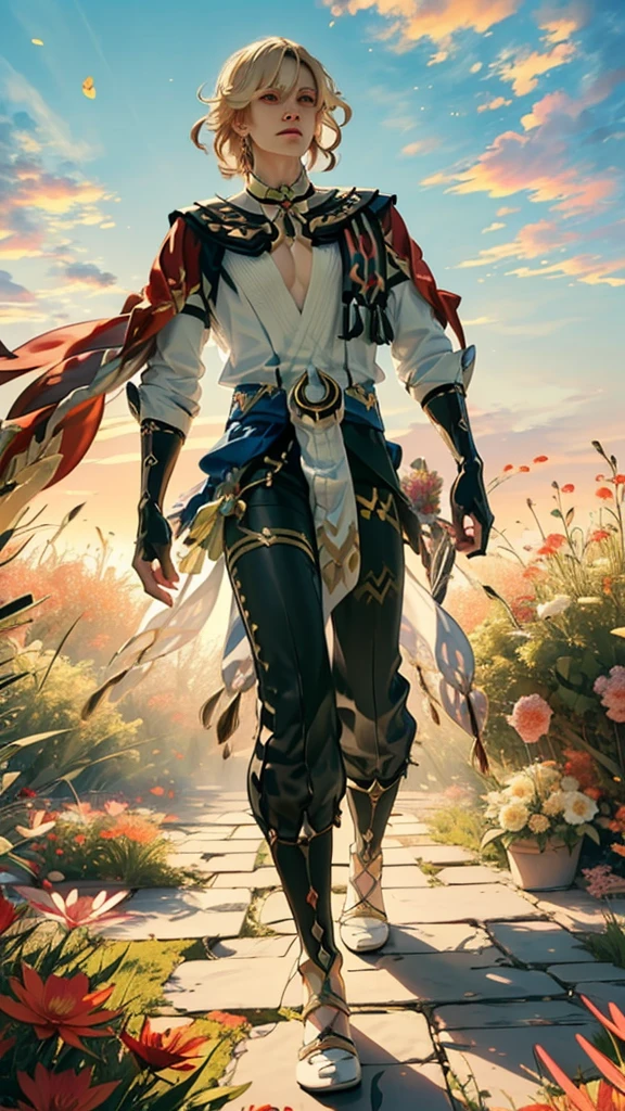 1 adult male solo, blond hair, red eyes, kaveh genshin impact, white top, red and black embroidered details, golden accessories, dark pants, fingerless gloves, feather hair ornament, shiny eyes (​masterpiece),((top-quality)),(offcial art),(Beautiful and indulgent:1.2),(1manin:1.3),Detailed drawing。Vibrant colors。colourfull、highestdetailed ((ultra-detailliert)),(Highly detailed 2D illustrations),((Extremely delicate and beautiful))Super Detail,atmosphric perspective，dust particle, iridescent, glowing, surrounded by dark red lily flowers, (((walking on a flower field at sunrise, sunrise light many flowers around, soft clouds in the sky, dreamy soft light)))