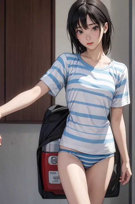 ((masterpiece, Highest quality)), 1 girl, alone, Blurred Background, (((Small breasts))), Thighs, (Striped underwear), T-Shirts,
