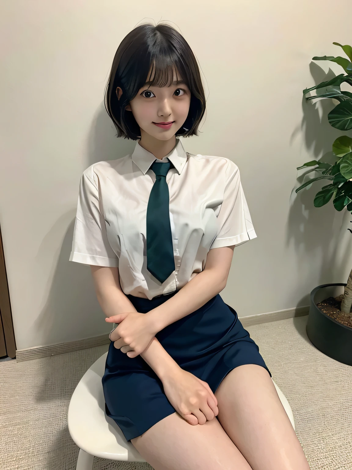 Japanese Girls、1、Short Bob Cut、bangs、Brown eyes、Perfect figure、Transparency、Gloss、Glamorous breasts、、Green tie、White shirt、Navy Skirt、Hirotake、Burning body、Gravure idol pose、Light blue wall、Beautiful feet、Strong sunlight、dirty、雨にWet体、Wet,Sitting in a chair、I can see your thighs、smile