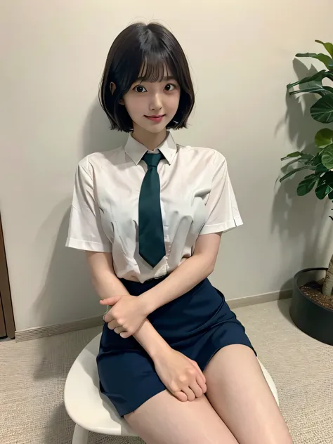 Japanese Girls、17-year-old girl、Short Bob Cut、bangs、Brown eyes、Perfect figure、Transparency、Gloss、Glamorous breasts、、Green tie、White shirt、Navy Skirt、Hirotake、Burning body、Gravure idol pose、Light blue wall、Beautiful feet、Strong sunlight、dirty、雨にWet体、Wet,Sitting in a chair、I can see your thighs、smile
