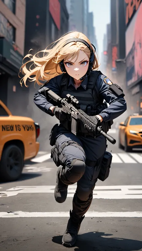 (masterpiece,Highest quality,Highest quality,Super detailed,High resolution),8k,wallpaper,One Woman,American Women,blonde,(Beautiful Eyes,Beautiful Hair,Beautiful Skin,Beautiful Face),Serious,whole body,(((Gunfight in a narrow alley))),(Dynamic Movement),((pistol)),New York City Police Department Special Forces Uniform,Bulletproof vest,Combat Boots,Tactical Forster,Tactical Headset,(The background is New York City:1.6),(((Background Blur)))