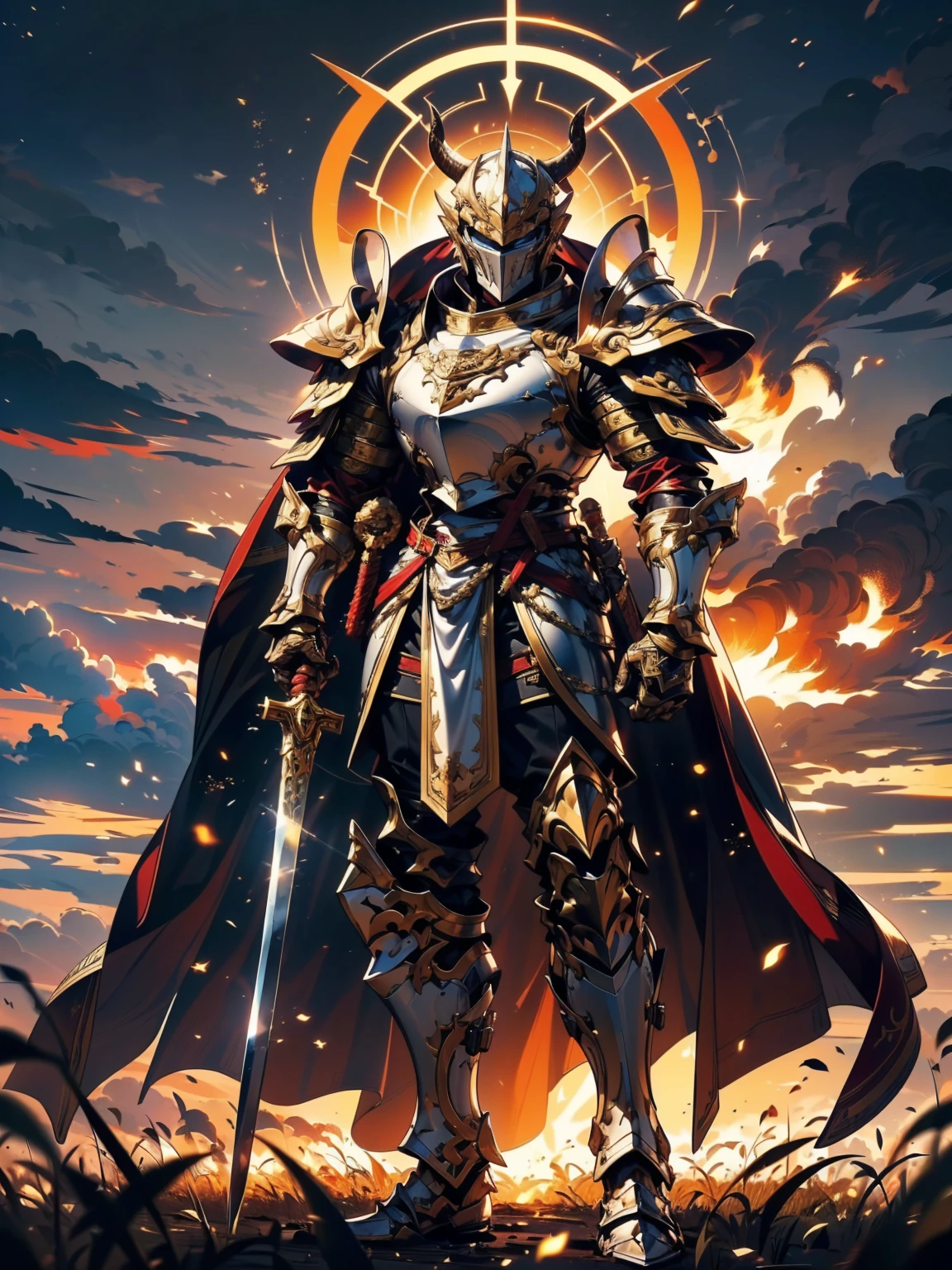 8K quality,(super masterpiece:1.3),Highest quality,Detailed Images,1 male,knight,pocket(Full Face,two big horns),armor(Silver Full Armor,Golden decoration),(Wear a red cloak,Red Cape),(Readying a flaming bastard sword),(background:Burning image,sunset,幻想的なsunset,The End,The end of the world,grassland,Takayama,Halo effects),(Whole body image,Standing with your legs apart),(Face directly towards the camera,Looking directly at the viewer,looking at the camera,The body faces the viewer,The body is facing the direction of the camera,Face looking straight into the camera).