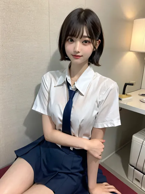 Japanese Girls、17-year-old girl、Short Bob Cut、bangs、Brown eyes、Perfect figure、Transparency、Gloss、Glamorous breasts、、Navy blue tie、White shirt、Red Skirt、Hirotake、Burning body、Gravure idol pose、Light blue wall、Beautiful feet、Strong sunlight、dirty、雨にWet体、Wet,Sitting in a chair、I can see your thighs、smile