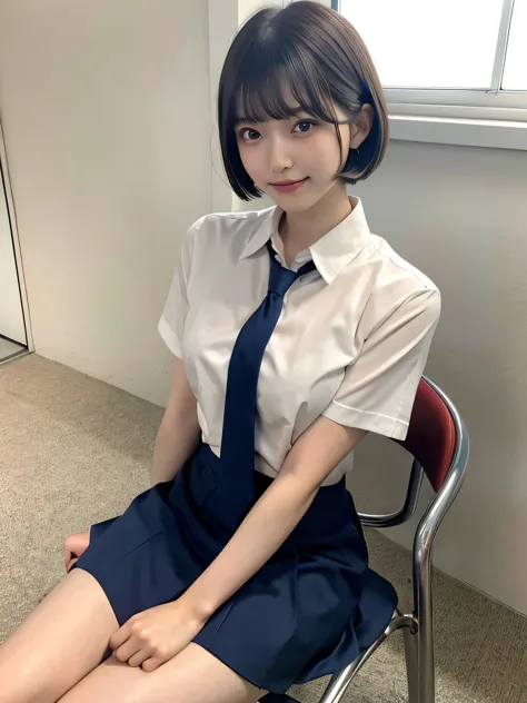 Japanese Girls、17-year-old girl、Short Bob Cut、bangs、Brown eyes、Perfect figure、Transparency、Gloss、Glamorous breasts、、Navy blue tie、White shirt、Red Skirt、Hirotake、Burning body、Gravure idol pose、Light blue wall、Beautiful feet、Strong sunlight、dirty、雨にWet体、Wet,Sitting in a chair、I can see your thighs、smile