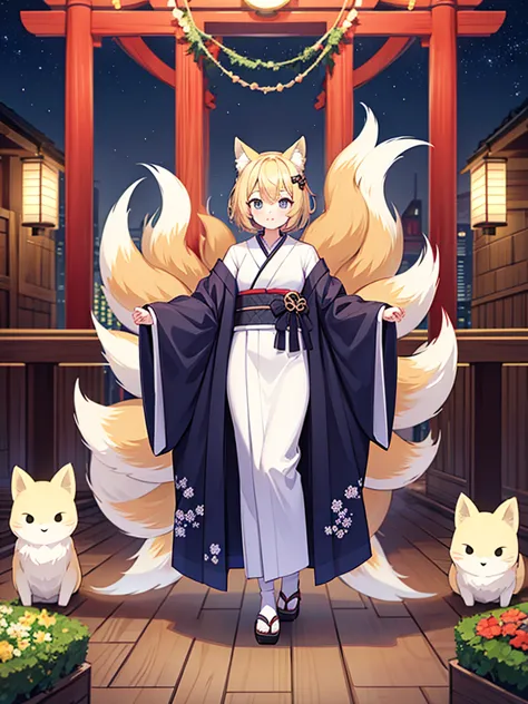 Full-body portrait、Are standing、、Short Hair、Blonde、kimono、Fox Ears、Fox&#39;s Tail