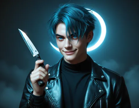 hyper realistic, dark vibes, solo, attractive young guy, male, 22 years, (holding knife:1.1) pale skin, blue eyes, (short textur...