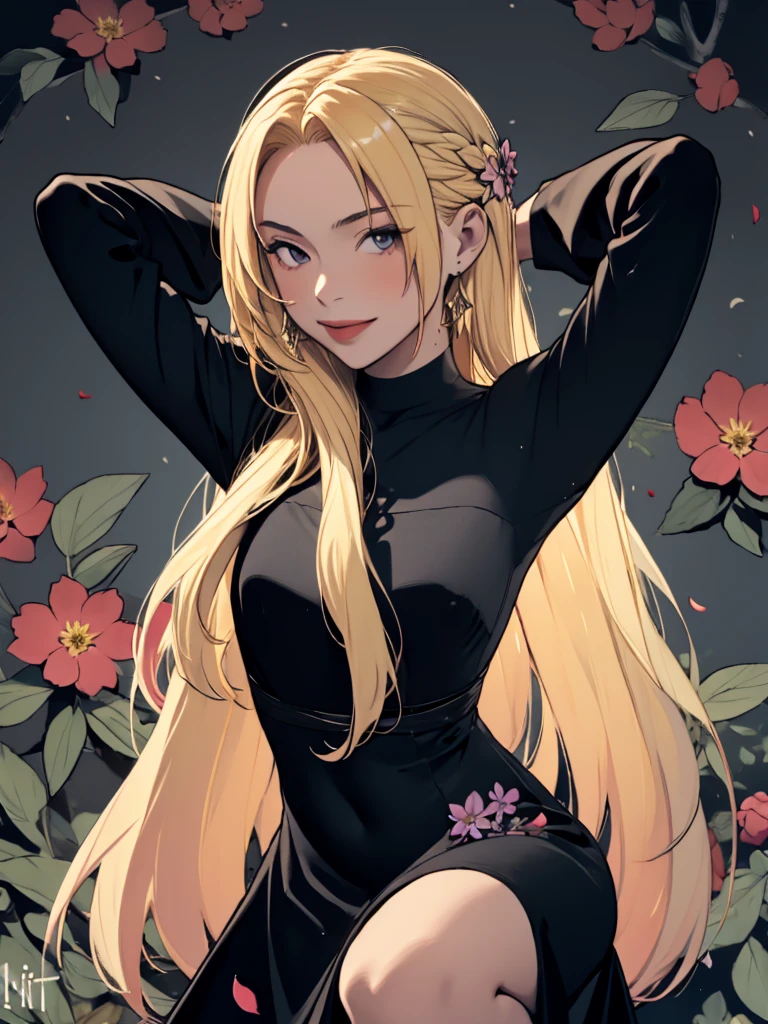 (masterpiece, best quality, ultra-detailed:1.3), 1girl, arms behind head, (smile:0.5) edgPetal, a woman wearing a black dress made of flower petals, wearing edgPetal, barefoot, garden background, dimly lit BREAK (long blonde hair), mid parted hair  