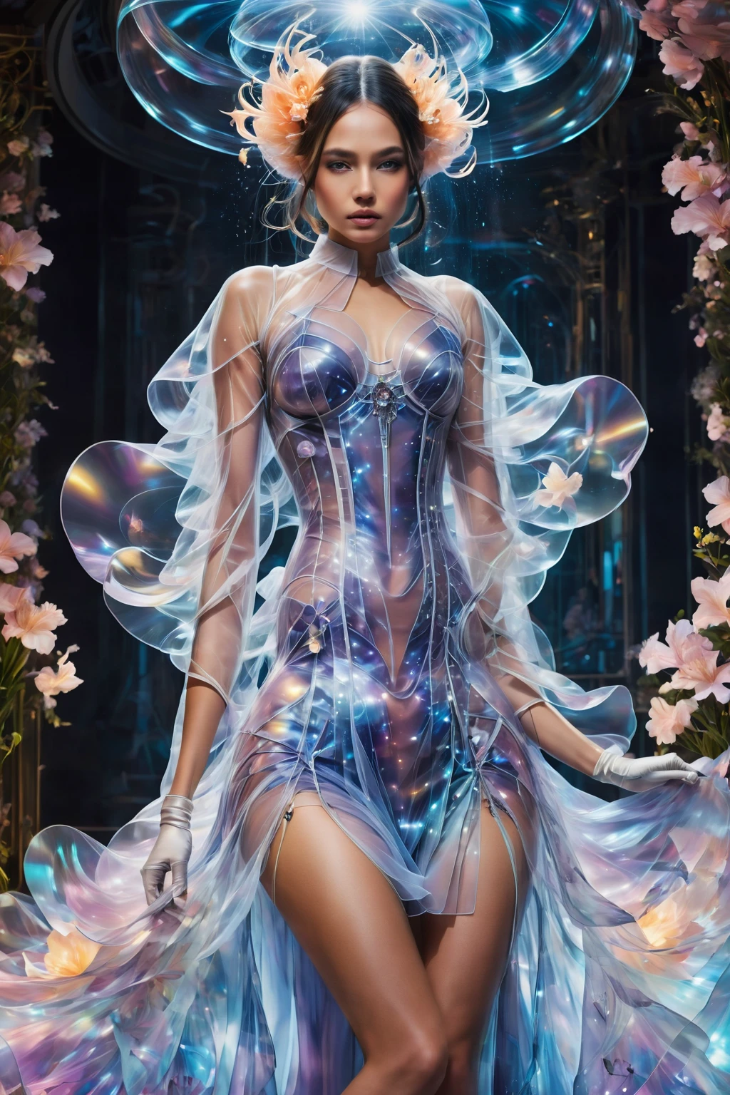 Woman in dress with veil and gloves, Translucent dress, Vera Wang Couture, ハイfashion! fashion!, ハイfashion fashion, !!! ハイfashion!!!, high fashion ハイfashion, !! ハイfashion!!, ハイfashion, See-through dress, ! ハイfashion!, Futuristic and fantastical, Wearing an organza gown, Herpen Iris!!!, Inspired by Giorgio De Vincenzi