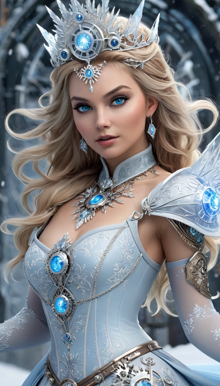 A breathtaking, full-body hyperrealistic digital illustration features an exquisitely beautiful woman with a perfect physique, known as Ais-Icebaby. She exudes the essence of a steampunk ice queen, adorned in intricate, medieval-inspired attire that combines fantasy and steampunk elements. Her captivating blue eyes, like shards of ice, pierce the soul of the beholder. Frost delicately clings to her skin, emphasizing her ethereal connection to the frosty realm she rules. The background is a majestic mountain, symbolizing her dominion over the land of ice and storm. The overall scene captures the essence of a fantasy film still, with the queen of winter standing tall, radiating power and grace. Her attire is a blend of glistening ice crystals and steampunk gears, perfectly encapsulating her identity as an ice sorceress. The composition is fit for a movie poster, showcasing her as the protagonist of an epic tale. Her presence is so mesmerizing, it's as if she has just stepped out of the frame, bringing the cold yet alluring world of winter with her.