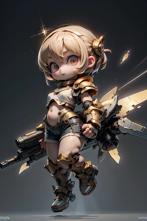 (Top quality, ultra high quality, ultra high definition, realistic masterpiece,) (Carefully created CG illustration: 1.2) One girl, Mecha girl ((Cute short girl))) (Petite, Mini, 10 years old: 1.5) Realistic anime face (Big eyes, big face, beautiful face) (small bouncy breasts, erect nipples sticking out of clothes, not see-through)((Spaceship lower body, lots of jet boosters)) (Gigant , armor, huge gauntlets from elbow to elbow, mechanical ring on head, goggles on forehead, huge gun on back) Whole body composition, space war, lots of small flashes ((Many bursts of light in the background)) Effective use of LoRA, cool looking up pose, carefully balanced over a long period of time((Gold Armor))