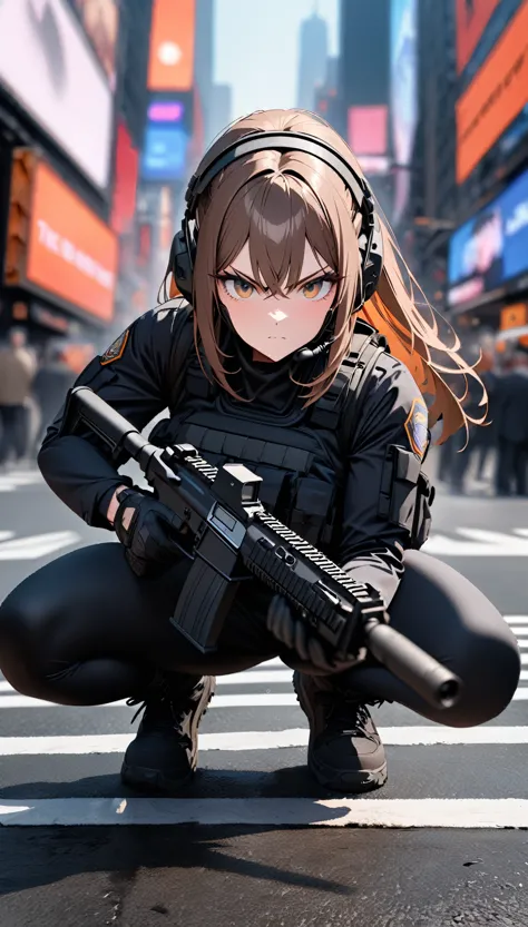 (masterpiece,Highest quality,Highest quality,Super detailed,High resolution),8k,wallpaper,One Woman,American Woman,Brunette,(Beautiful Eyes,Beautiful Hair,Beautiful Skin,Beautiful Face),Serious,whole body,(Crouch down and aim your gun),(Dynamic Movement),((pistol)),New York City Police Department Special Forces Uniform,Bulletproof vest,Combat Boots,Tactical Forster,Tactical Headset,Tactical Helmet,(The background is New York City:1.6),(((Background Blur)))