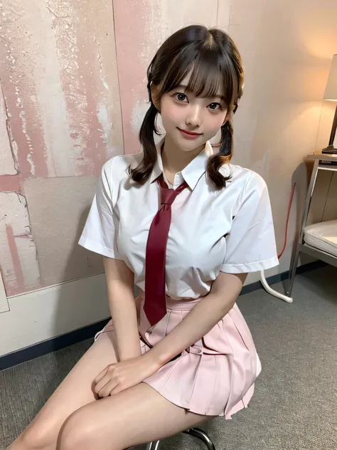 Japanese Girls、16-year-old girl、Short Twin Tails、bangs、Brown eyes、Perfect figure、Transparency、Gloss、Glamorous breasts、、Pink tie、White shirt、Red Skirt、Hirotake、Burning body、Gravure idol pose、Light blue wall、Beautiful feet、Strong sunlight、dirty、雨にWet体、Wet,Sitting in a chair、I can see your thighs、smile