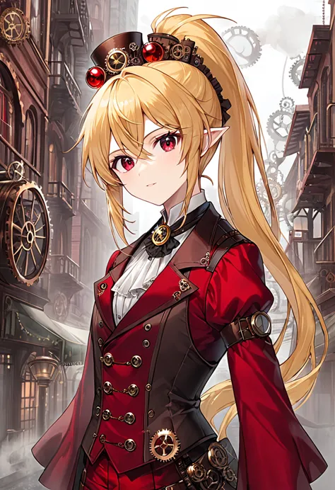 half-elf boy, red ruby eyes, beautiful face like a girl, long ponytail blonde hair, steampunk suit. urban background. have.