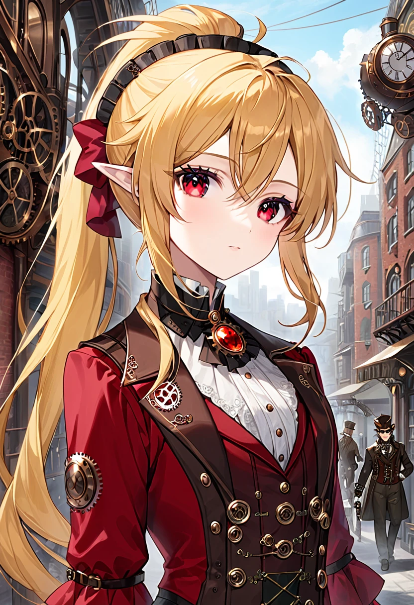 Half-elf boy, Red ruby eyes, Beautiful face like a girl, Long ponytail blonde hair, Steampunk suit. Urban Background. Have.