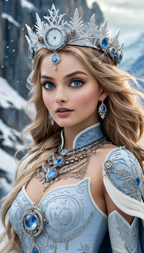 a digital illustration showcases a stunning steampunk ice queen with flawless beauty and piercing blue eyes. frozen blue skin me...