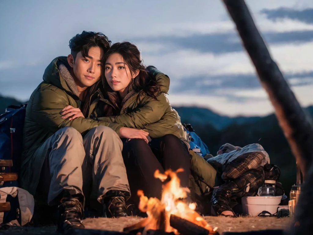 there is a asian couple, man and woman sitting in a chair next to a campfire, romantic lift hug, their looking at the camera, camping, cinematic luts, high quality portrait, trending on pexels, there is at camp, travel and adventure, cinematic. by leng jun, outdoor fine photography, pexels contest winner, perfect composition and lighting, adventuring gear, cinematic photography, shot on canon eos r5, extra detail, ultra quality, ultra resolution, 16k, portrait photography, fashion, cinematic, photo

