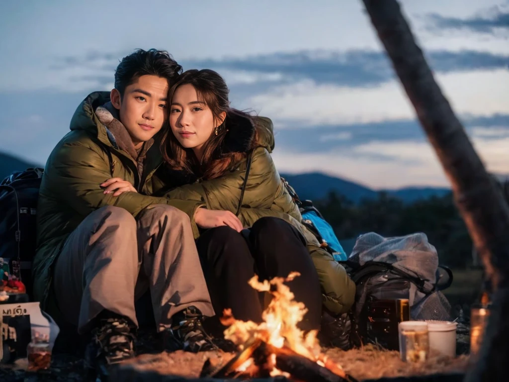 there is a asian couple, man and woman sitting in a chair next to a campfire, romantic lift hug, their looking at the camera, camping, cinematic luts, high quality portrait, trending on pexels, there is at camp, travel and adventure, cinematic. by leng jun, outdoor fine photography, pexels contest winner, perfect composition and lighting, adventuring gear, cinematic photography, shot on canon eos r5, extra detail, ultra quality, ultra resolution, 16k, portrait photography, fashion, cinematic, photo

