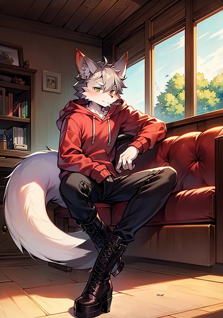 Gray Hair,alone,Sitting,Handsome face,whole body,Beastman,Fox,Dragon,Shota,Dragon Feather,hoodie,pants,Lace-up long boots,Platform heels,Cigarette in left hand