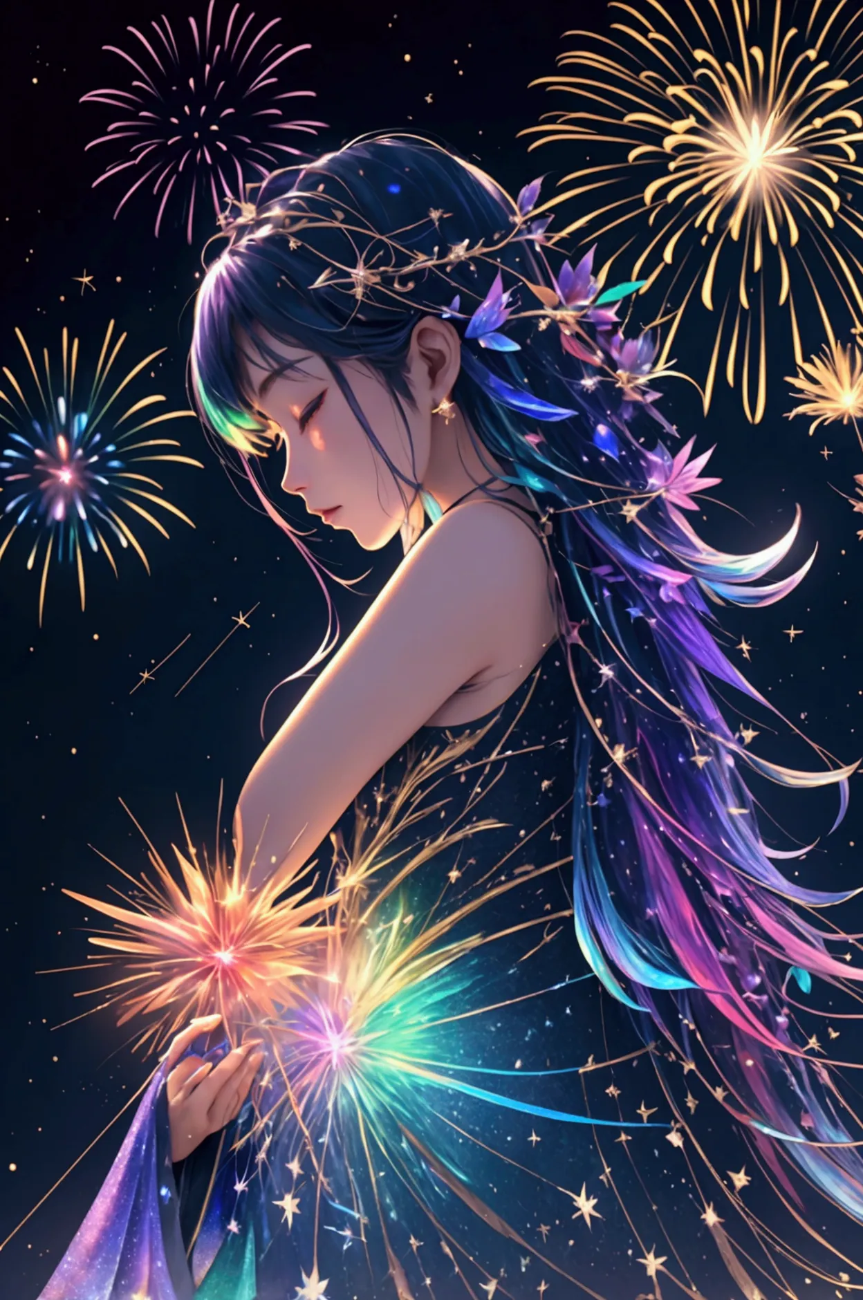 Countless rainbow-colored fireworks are launched、Iridescent幻想的なNight Sky、constellation,Mysterious Landscape、firework、firework大会、...