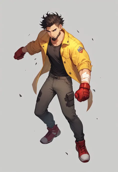 concept art, human ,male ,black messy hair , small beard   , yellow jacket , red fighting gloves , black shirt ,full body , pant...