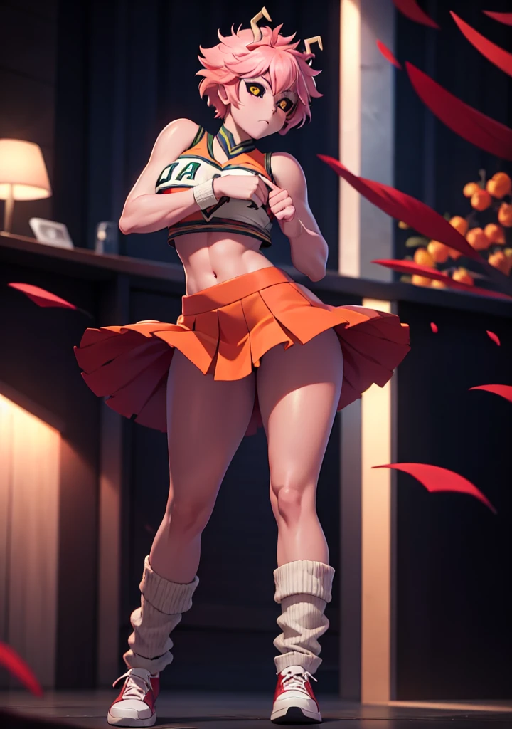 mina ashido, 1girl, solo, looking at viewer, short hair, simple background, yellow eyes, pink hair, horns, colored skin, colored sclera, black sclera, pink skin, U.A. CheerUniform, orange skirt, (bare belly), perfect shading, bare shoulders, big breasts