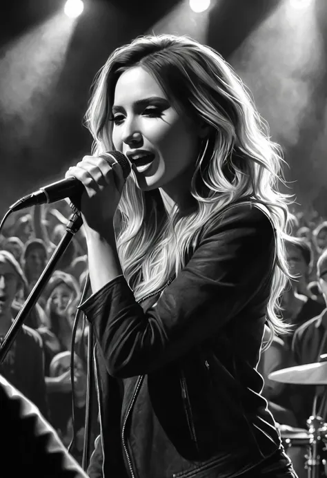 charcoal pencil drawing, black and white, artwork, create a digital painting, 4k, highest quality,  rock concert audience,sing w...