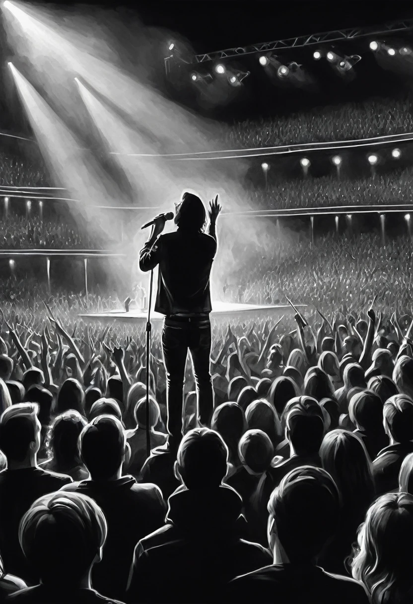 Charcoal Pencil Drawing, Black and White, Artwork, Create a digital painting, 4K, Highest quality,  Rock concert audience,Sing with a microphone