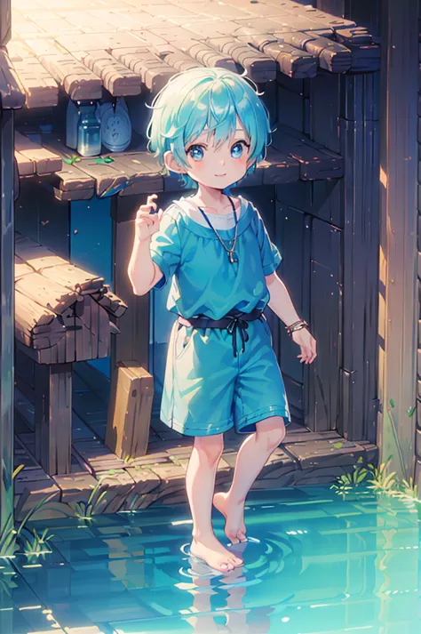 4K, (Masterpiece:1), Blue hair and shiny little boy, Glowing cyan eyes and bare feet, Arms up, Epic, Cinematic, Young, Boy, , sm...