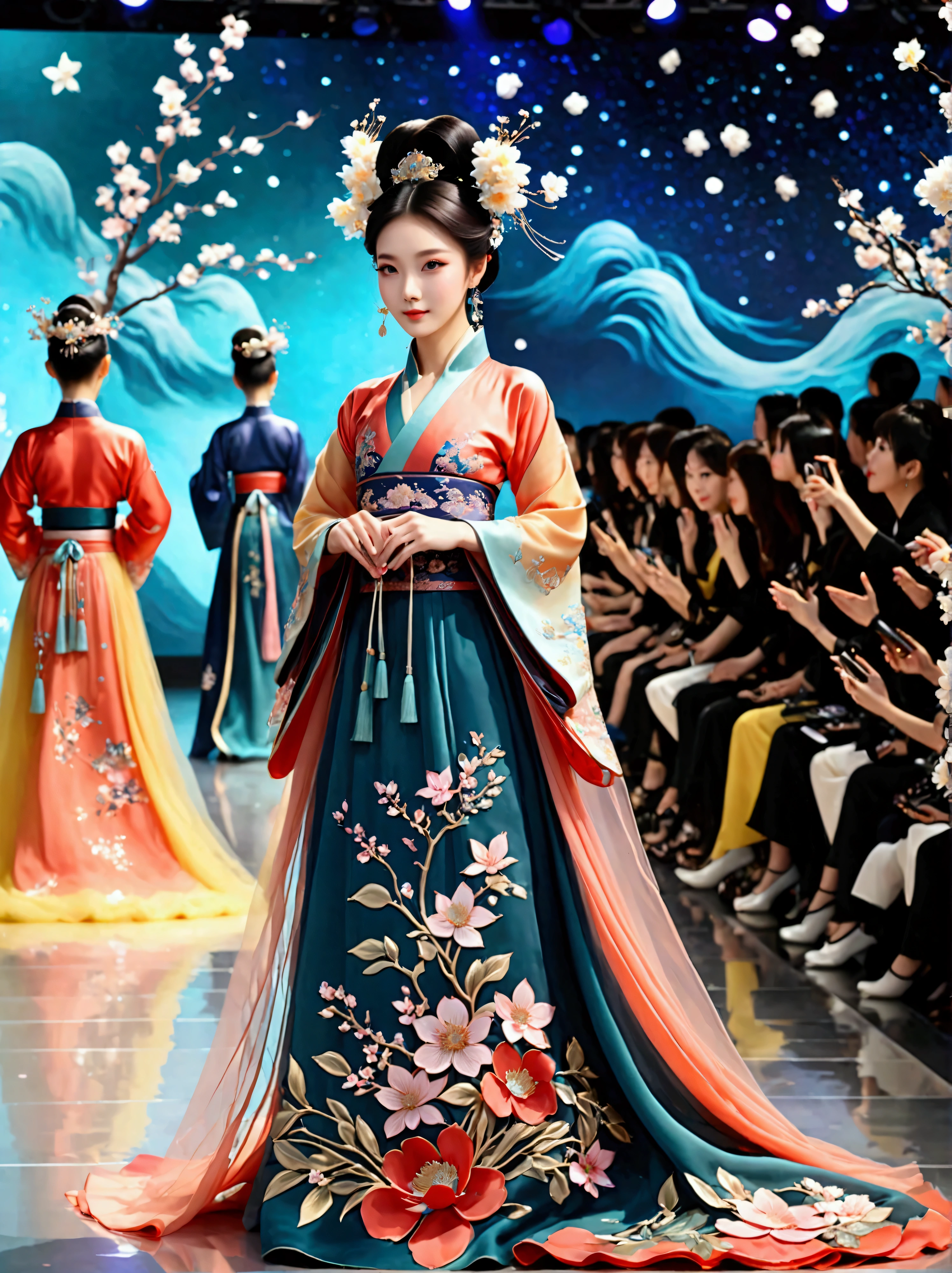 by Julien Arnal，Abstract Pictorial，Cartoon illustration，Sequins，Ambilight，Healing gouache，Starry Sky，Dark night shimmer，Youth Manga,Bright tones,gorgeous,Beautiful illustrations，Morandi color tone，Beautiful model catwalk，Performing dance steps。Wearing Ming Dynasty Hanfu，玫瑰Long skirt，Princess dress，gorgeous复古宫廷风格连衣裙，Long skirt，超Long skirt，- Wide hem，Long skirt下摆接近地面，The style is a high-end dress from the Hanfu Fashion Week，Haute couture，Private custom，Fashion show model，Big show，Tulle accessories on skirt。Necklace on the neck，short hair，Hair up，Headdress，big eyes，It's beautiful，((There was only one female model on the catwalk))，Men and women make up a large part of，The runway is covered with flowers，Background covered with flowers，Female model with a smile on her face，Standing，Elegant and dignified posture，8k，Ultra HD，masterpiece，precise，Textured Skin，High Detail，Best quality，Awards，Long Shot，Sense of distance，(Vector illustration:1.5)