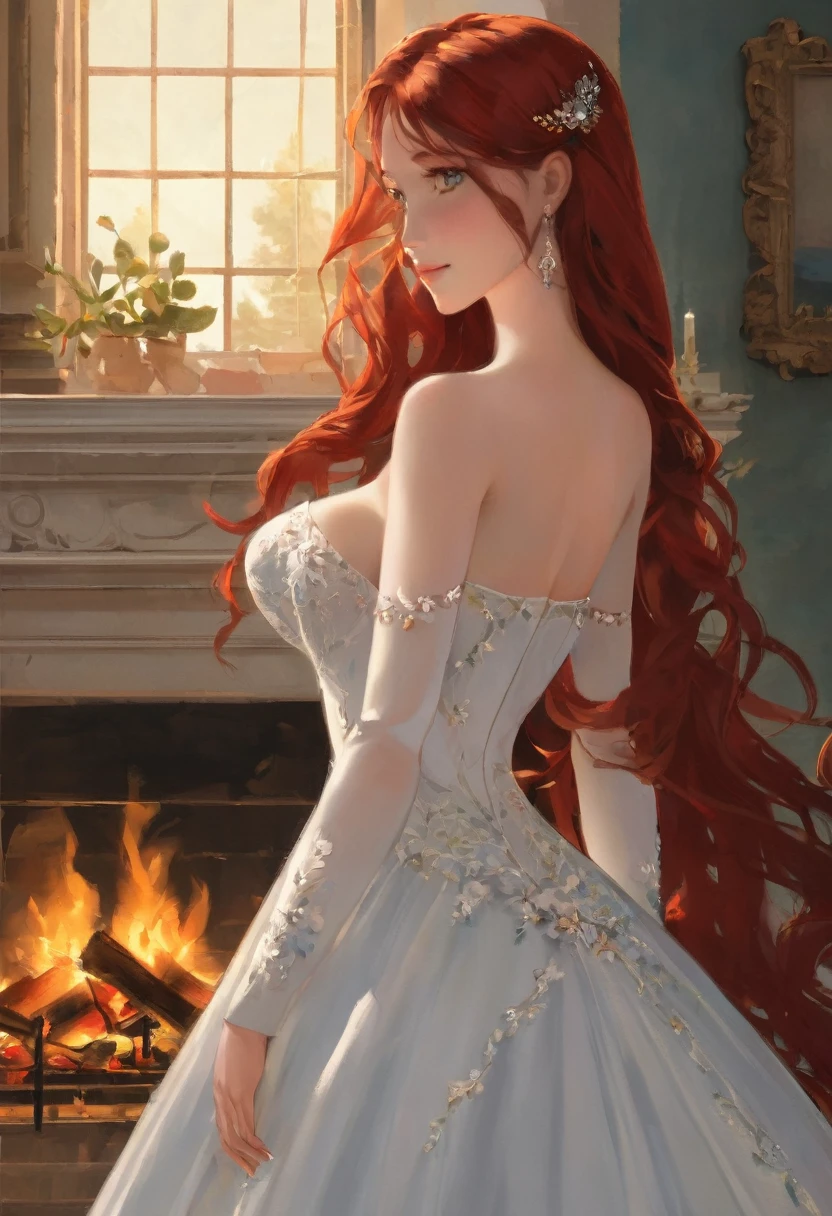 ((((Obra maestra, La mejor calidad, ultrahigh resolution)))), 1girl, standing, bride, ((very small black floppy in full view:1)), (long red hair in view, long hair:0.9, in frame), pale skin, ((grey eyes)), (glowing_eyes, luminescent eyes), (ultra detailed eyes:0.7, beautiful and detailed face, detailed eyes:0.9), ((centered)), smile, ((wide shot)), facing viewer, (((vibrant background of outside, cozy house interior with fireplace, bright lighting, summer, sunlight))), (large breasts), looking at viewer, ((head, hips, elbows, arms, in view)),  ((hands behind back)), beautiful lighting, defined subject, (((cool))), ((sun glare, light breeze)), ((same eyes)), ((((DIGITAL PAINTING)))), sad face, tears