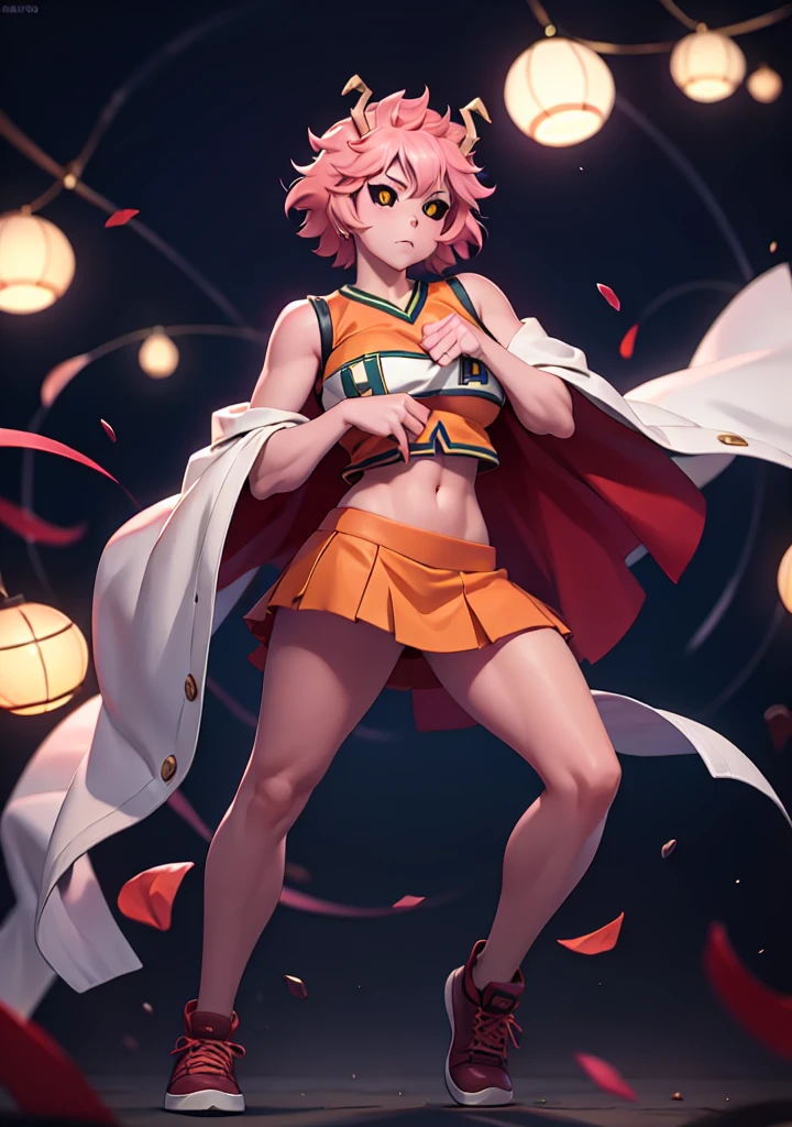 mina ashido, 1girl, solo, looking at viewer, short hair, simple background, yellow eyes, pink hair, horns, colored skin, colored sclera, black sclera, pink skin, U.A. CheerUniform, orange skirt, (bare belly), perfect shading, bare shoulders, big breasts