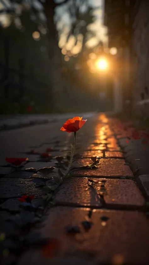 arafed poppy flower growing on a brick sidewalk in the evening, very beautiful photo, dead but beautiful. poppies, remembrance, beautiful photography, beautiful lit, by Niko Henrichon, beautiful composition, by Maurice Esteve, beautiful image, paul barson, lit in a dawn light, in the early morning, sunrise light, by irakli nadar
