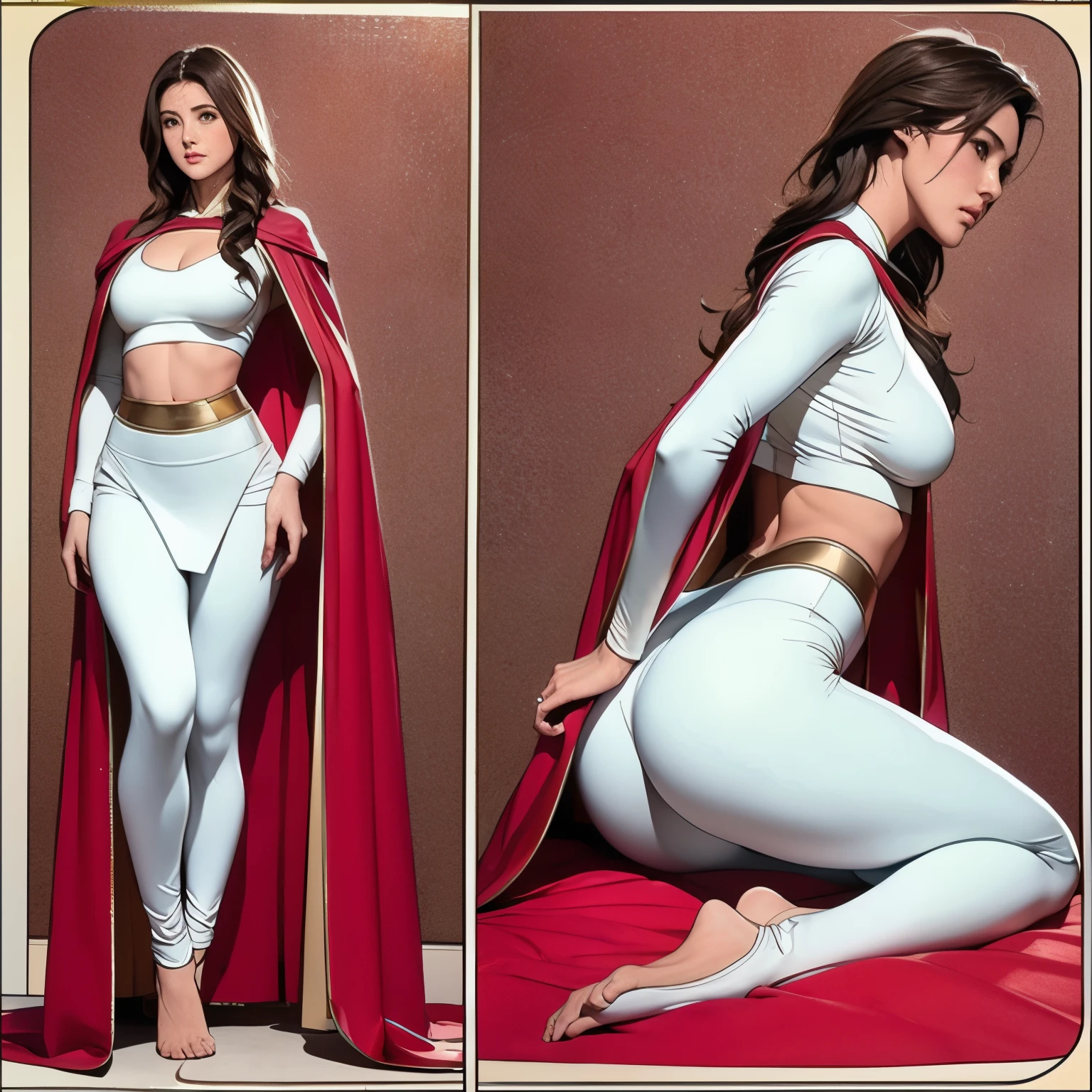 Detailed character sheet, Front view, Side view, Oblique view, with a white returnground, show women, 30 years old, with short dark brown hair combed return, 1 female warrior, Wavy Cape, long flowing hair, Swordsman Style, Light Armor, (Earth-toned long leggings), Slim figure, Toned thighs, Tight round ass, Low angle shot, From below, The seat includes different angles, Front desk etc.., return, and Side views, Model and Reference Sheets, Full body painting. The ratio is based on 7.5 Head Scale.