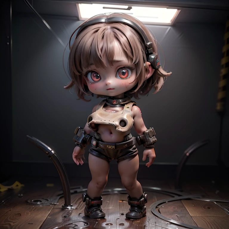 (Top quality, super high quality, super high definition, realistic masterpiece,) (Highly detailed CG illustration: 1.2) One girl, fully naked (((Mini cute girl))) (Chibi, mini, , 10 years old: 1.5) Realistic anime face (anatomically correct eyes, large pupils, large face, beautiful face, perfect white skin) (Limbs do not reach elbows and knees, machines attached to amputated ends of elbows and knees, giant mechanical gauntlets attached, headphones), giant mecha attached to back) ((Exoskeleton with holes)) (Carefully drawn shaved pussy, correct nipples, huge boobs)(shiny skin, oily, wet, sweaty, steamy,) (cute hairless pussy, shaved pussy with correct clitoris and urethra, nice tight anus, pointy nipples, super huge boobs)