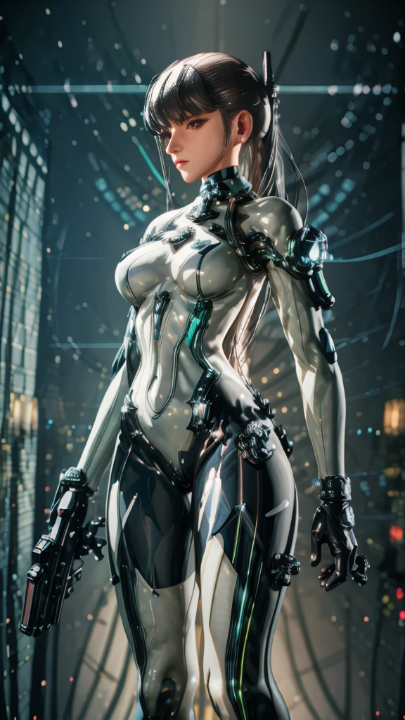 Da ist eine Frau in einem Latex-Outfit, die eine Waffe hält, Vorabend, stellar blade, mechanisiertes Soldatenmädchen, perfektes Android-Mädchen, m4 sopmod ii girls frontline, Mädchen in Mecha-Cyber-Rüstung, 3D-Rendering von Charakteren 8 k, gynoider Cyborg-Körper, rüstung mädchen, cyberpunk 2 0 y. o Modell Mädchen, android heroine, Nahaufnahme Charakter