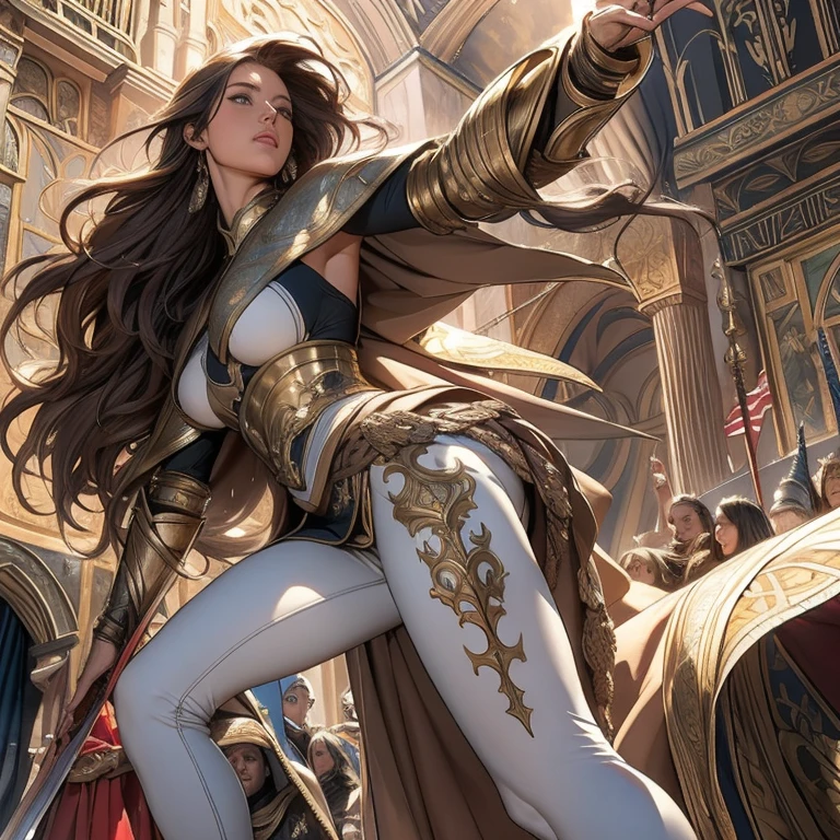 Realistic, Super detailed, masterpiece, Super detailed, 1 female warrior, Wavy Cape, long flowing hair, Swordsman Style, Light Armor, (Earth-toned long leggings), Slim figure, Toned thighs, Tight round ass, Medieval European Town, Swirling Dust, Low angle shot, From below, A cheering crowd celebrates the hero&#39;s return