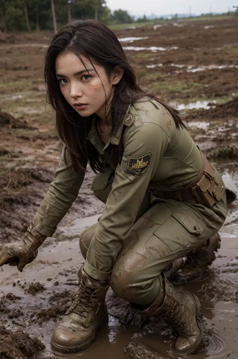 a pretty girl kneeling in the mud, in dirty combat uniform, gloves, in dirty combat boots, covered in mud, captured by enemy for...