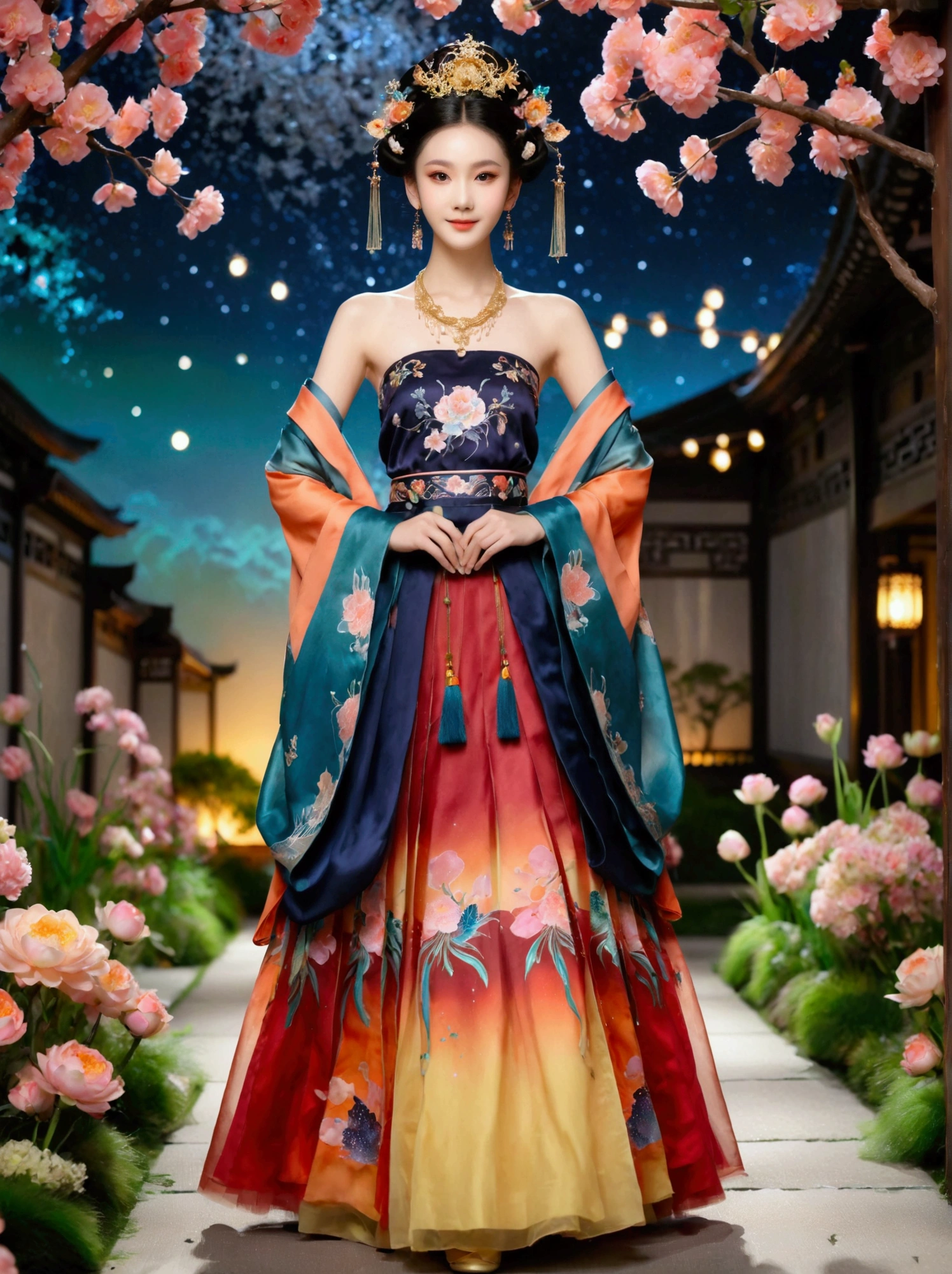 by Julien Arnal，Abstract Pictorial，Cartoon illustration，Sequins，Ambilight，Healing gouache，Starry Sky，Dark night shimmer，Youth Manga,Bright tones,gorgeous,Beautiful illustrations，Morandi color tone，Beautiful model catwalk，Performing dance steps。Wearing Ming Dynasty Hanfu，玫瑰Long skirt，Princess dress，gorgeous复古宫廷风格连衣裙，Long skirt，超Long skirt，- Wide hem，Long skirt下摆接近地面，The style is a high-end dress from the Hanfu Fashion Week，Haute couture，Private custom，Fashion show model，Big show，Tulle accessories on skirt。Necklace on the neck，short hair，Hair up，Headdress，big eyes，It's beautiful，((There was only one female model on the catwalk))，Men and women make up a large part of，The runway is covered with flowers，Background covered with flowers，Female model with a smile on her face，Standing，Elegant and dignified posture，8k，Ultra HD，masterpiece，precise，Textured Skin，High Detail，Best quality，Awards，Long Shot，Sense of distance，(Vector illustration:1.5)