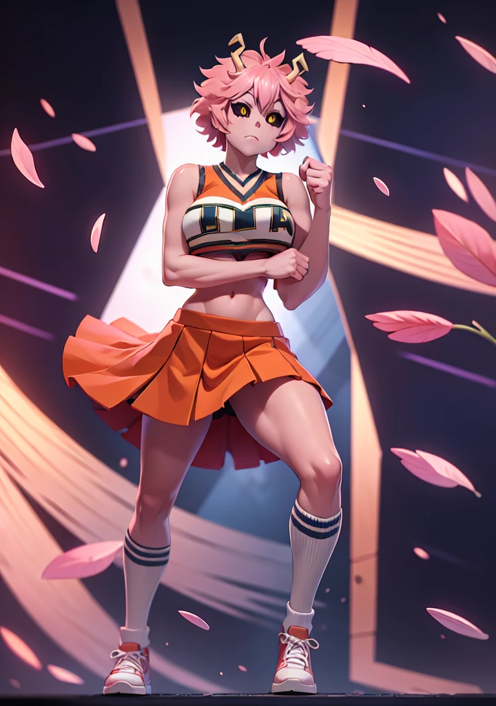 mina ashido, 1girl, solo, looking at viewer, short hair, simple background, yellow eyes, pink hair, horns, colored skin, colored sclera, black sclera, pink skin, U.A. CheerUniform, orange skirt, (bare belly), perfect shading, bare shoulders, big breasts