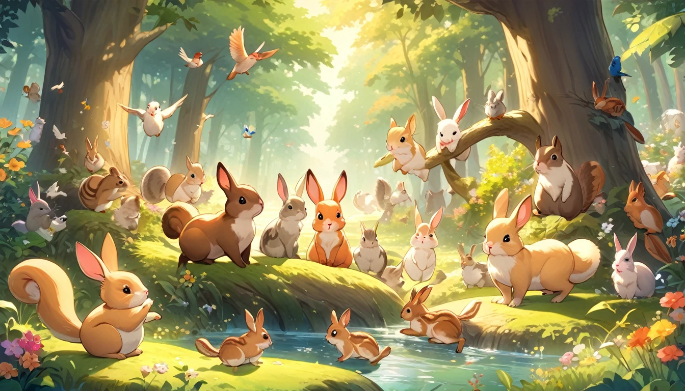 "Uma cena fofa de anime de animais brincando em uma floresta. A cena inclui uma variedade de animais como coelhos, esquilos, e pássaros, todos se envolvendo em atividades lúdicas. O fundo é exuberante, floresta verde com árvores altas, Flores, e um córrego. A atmosfera é alegre e fantasiosa, capturando a alegria e a inocência dos animais enquanto brincam juntos.