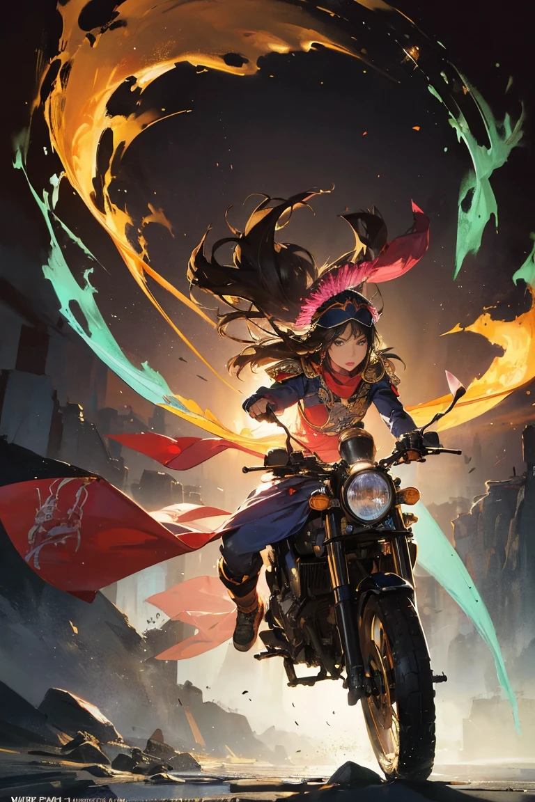 ,Anime girl in military uniform riding motorcycle with hat, Guviz, author：Yoshihiko Wada, Inspired by Masamune Shirow, dieselpunk soldier girl, Guviz-style artwork, by Kamagurka, guweiz masterpiece, style of masamune shirow, author：Uesaka Seka gerhard richter, takato yamamoto, ashley wood, atmospheric ((best quality,4k,highres,masterpiece:1.2)),((character concept art)), 1GIRL 25 YEARS, PRINCESS INKA, fierce inca warrior maiden wields a glowing pink sword as she battles an ancient dark panther amidst a magical misty bamboo forest, ribbons and leaves swirling around her. Dynamic action pose, flowing red and brown fabrics, PERUVIAN, BLACK LONG HAIR, neon lighting, intricate armor details. peruvian tahuantinsuyo, peru, culture inka fantasy scenery. 8K HD --ar 2:3 --s 400 --niji 5，Girl Facing phanter,Back to camera,Lens hyperopia